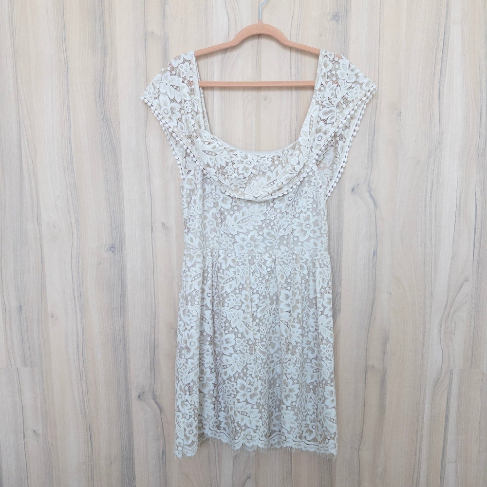 Altar'd State Lace Floral Dress L Cream Pom Pom Trim Romantic Feminine Coquette